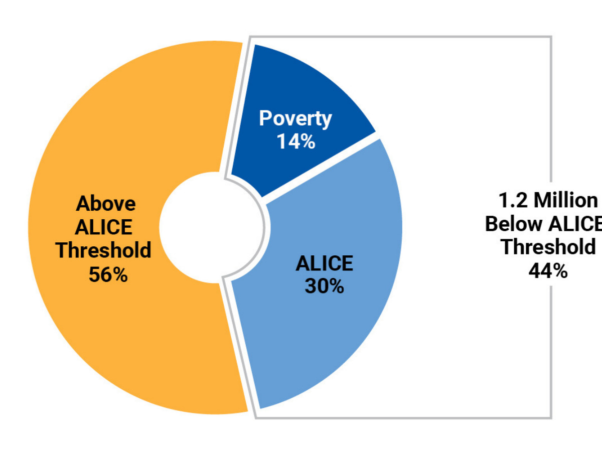 Pie chart explaining ALICE in TN; 44% are below the ALICE threshold. Of those 44%, 30% are ALICE and 14% are poverty. That means 56% are above the ALICE Threshold, but that doesn't mean they are doing well.